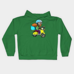 girl from a courier service on a motorcycle delivers a package Kids Hoodie